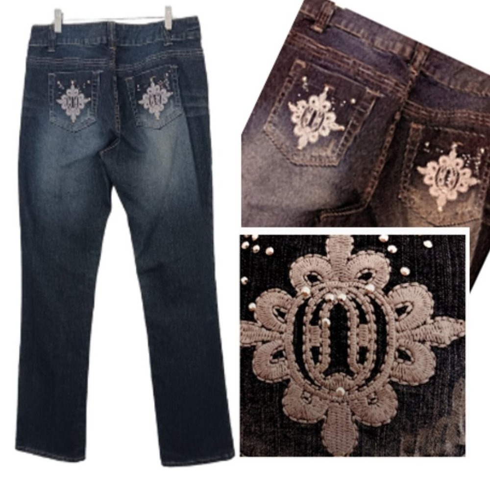 Y2K Vintage Fancy Revolt Jeans Sz 10 DK Blue Embroidered Embellished Studs